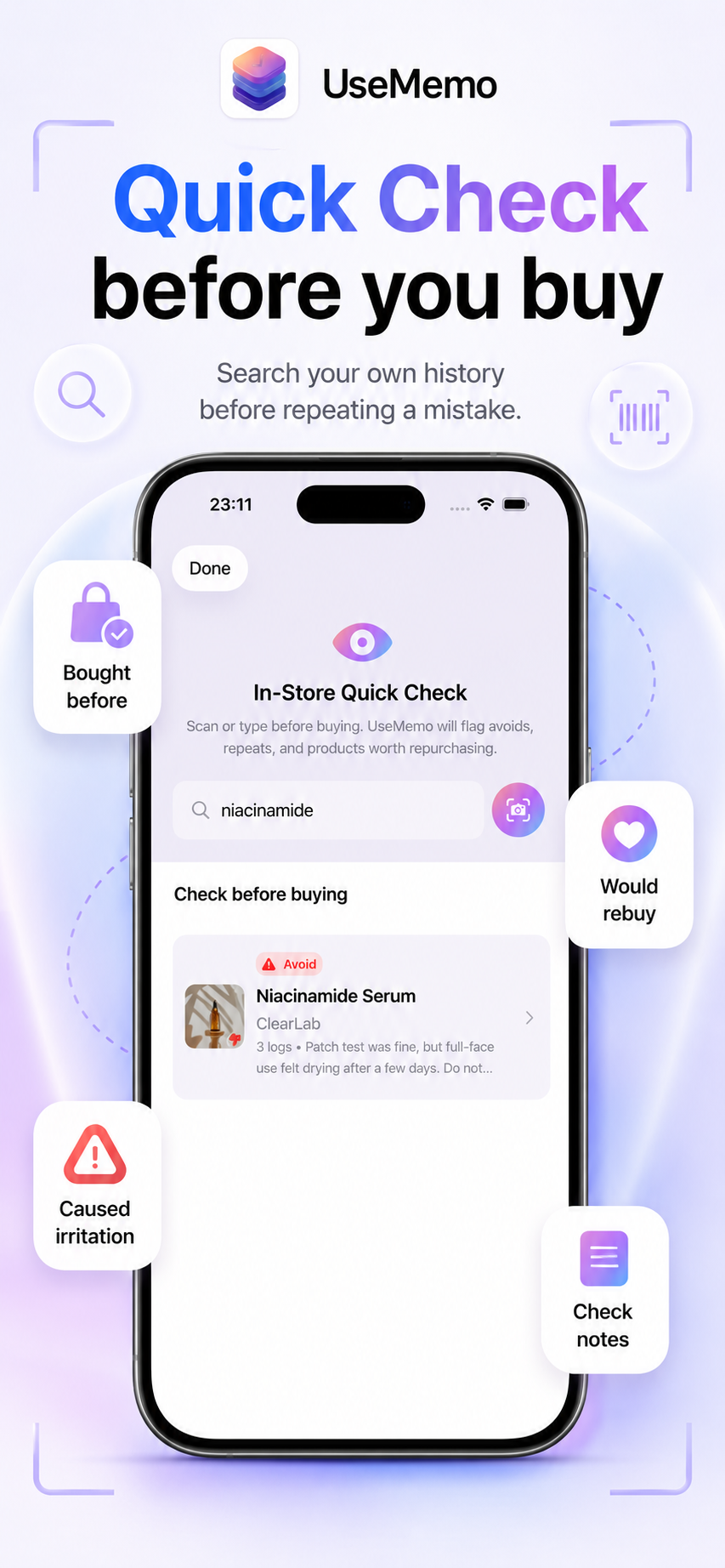 UseMemo Quick Check app preview