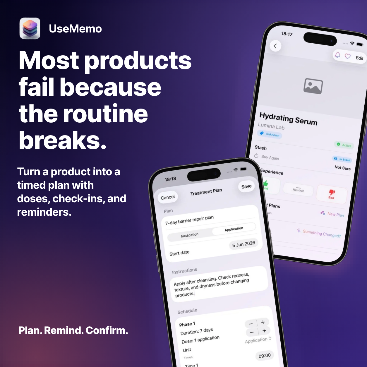 UseMemo social creative: Most products fail because the routine breaks.