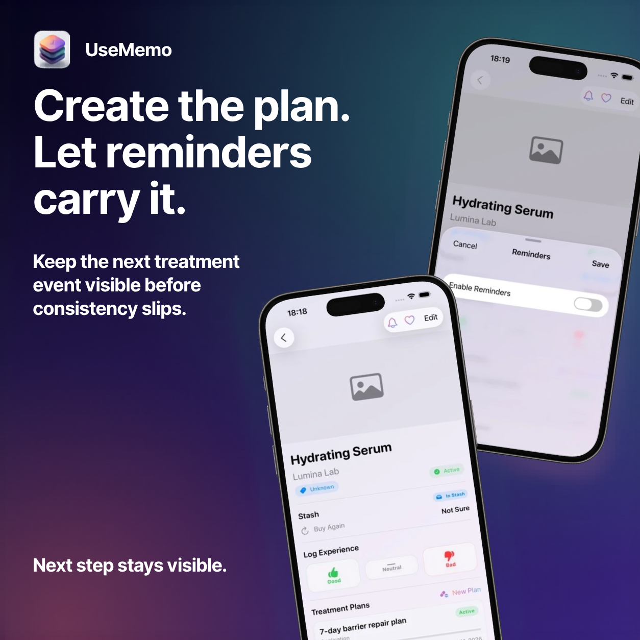 UseMemo social creative: Create the plan. Let reminders carry it.