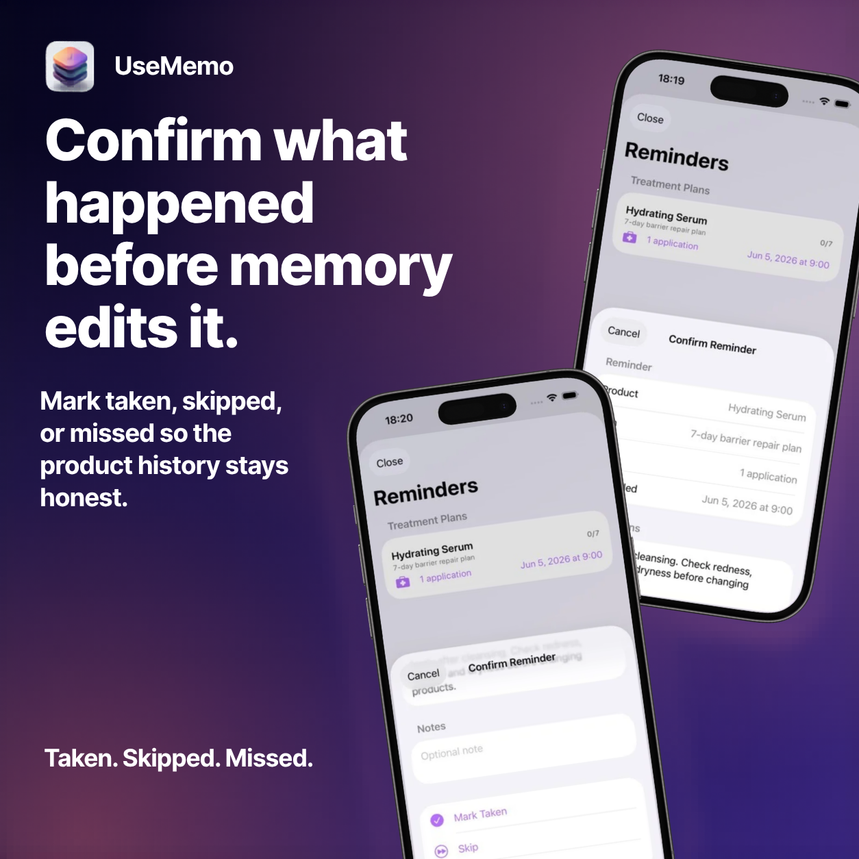 UseMemo social creative: Confirm what happened before memory edits it.